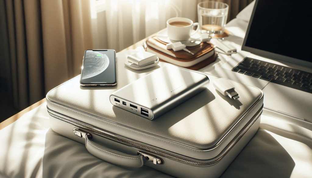 White designer portable power bank charging devices on a white leather briefcase, emphasizing luxury, portability, and travel readiness.