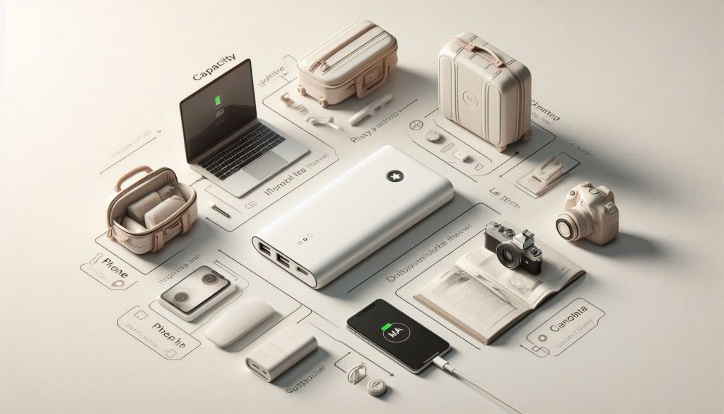 White designer power bank displayed with different travel setups, annotated with capacity, output, and use-case recommendations.