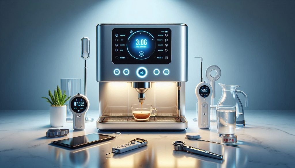 performing diagnostic tests on a smart coffee machine with water hardness strips, TDS meter, and stopwatch on a pristine white counter