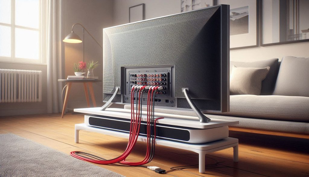 Older TV connected to a modern white soundbar using red and white RCA cables and a black auxiliary cable.