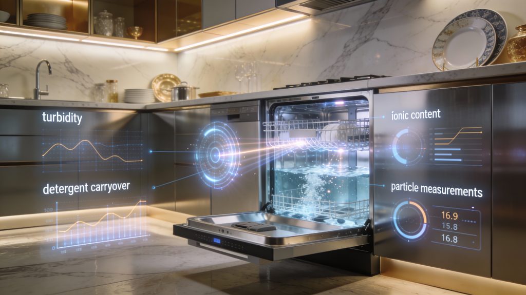 Luxury modern kitchen featuring a smart dishwasher with optical, conductivity, and turbidity sensors visualized via holographic overlays inside the appliance.