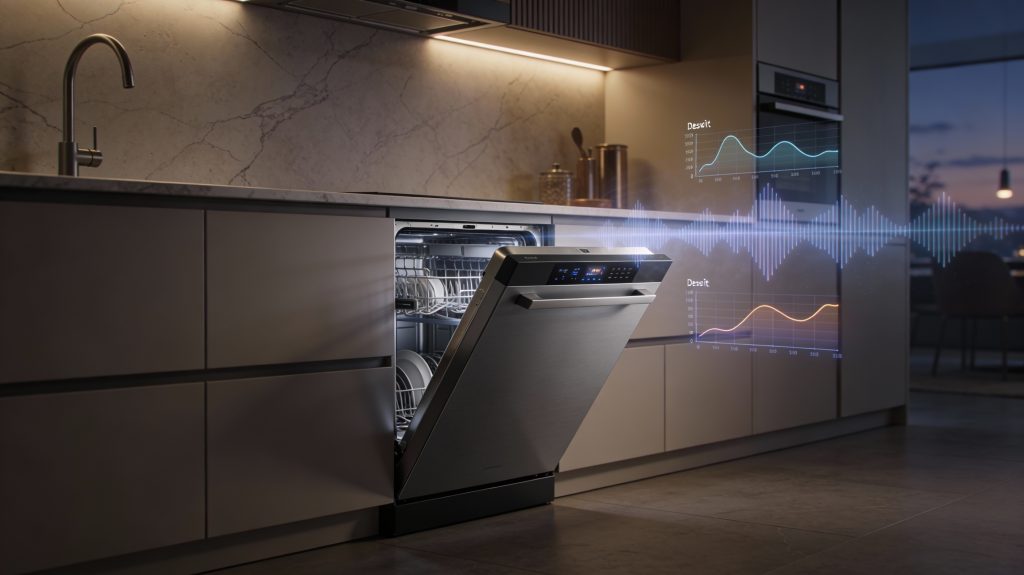 luxury smart dishwasher illustrating dba noise measurement and quiet operation in a modern kitchen