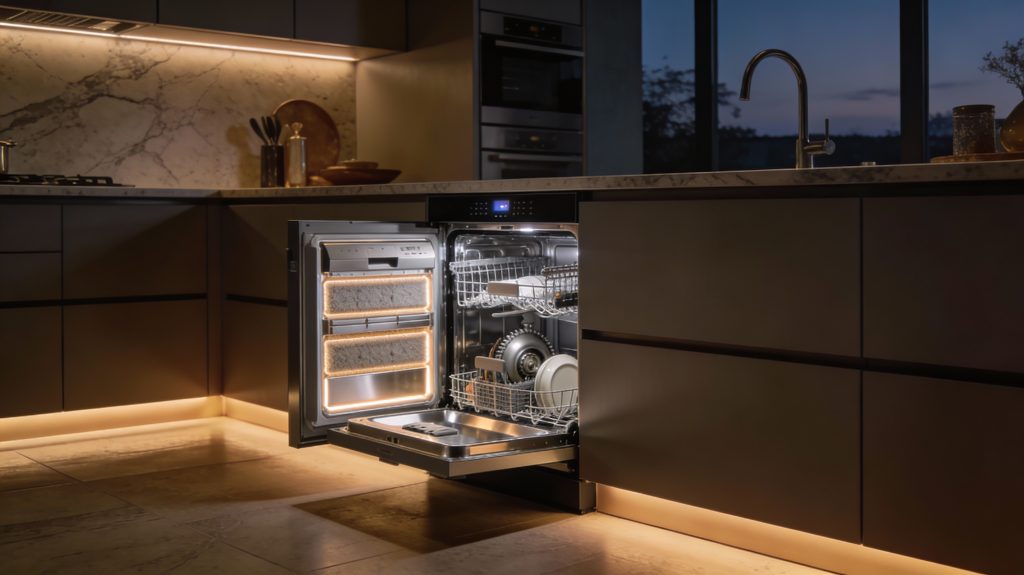 luxury smart dishwasher showing insulation vibration dampers and sound reducing engineering features