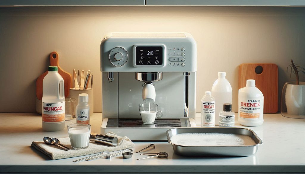 White Jura coffee machine with DIY cleaning supplies including citric acid, vinegar, and descaler, with removable parts soaking in a tray, illustrating practical home cleaning procedures.