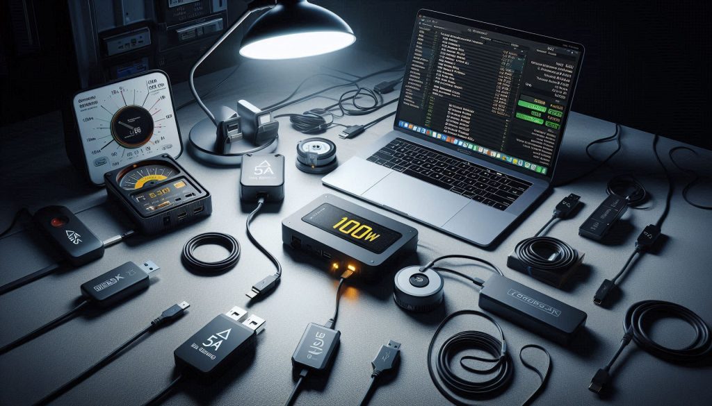 Test setup for evaluating USB-C dock performance, showing power meter, SSD, laptops, monitor, and labeled cables.