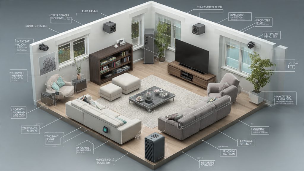 7.1.4 Dolby Atmos home theater speaker layout diagram with ceiling height speakers illustrated