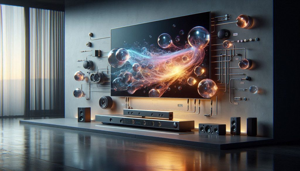 hyper realistic visualization of dolby atmos flexconnect routing sound objects from a tv to wireless speakers