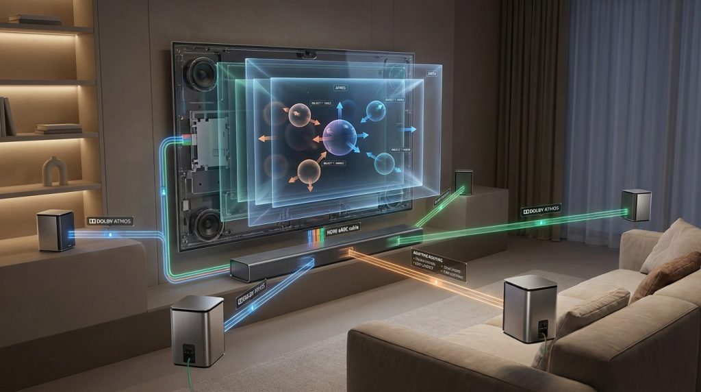 Dolby Atmos FlexConnect visualized as a smart TV routing object-based audio to wired and wireless speakers.