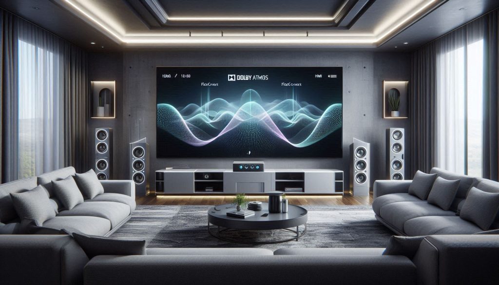 Dolby Atmos FlexConnect supported TV wirelessly connecting to satellite speakers in a modern living room without cables.