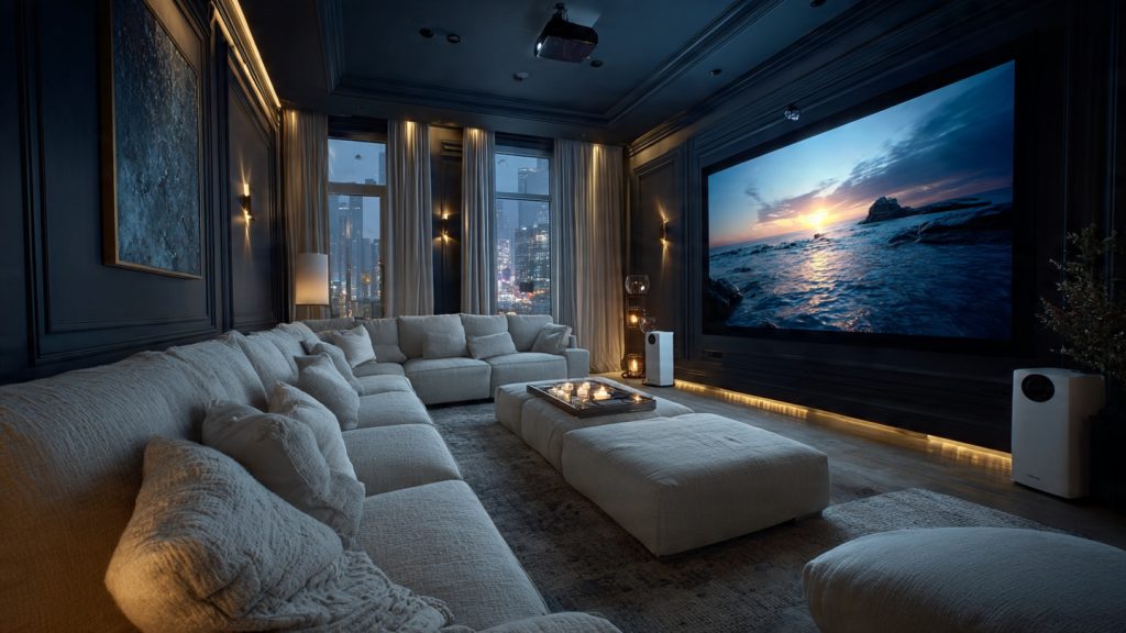 Luxury Dolby Atmos home theater with premium white speakers and ceiling Atmos channels