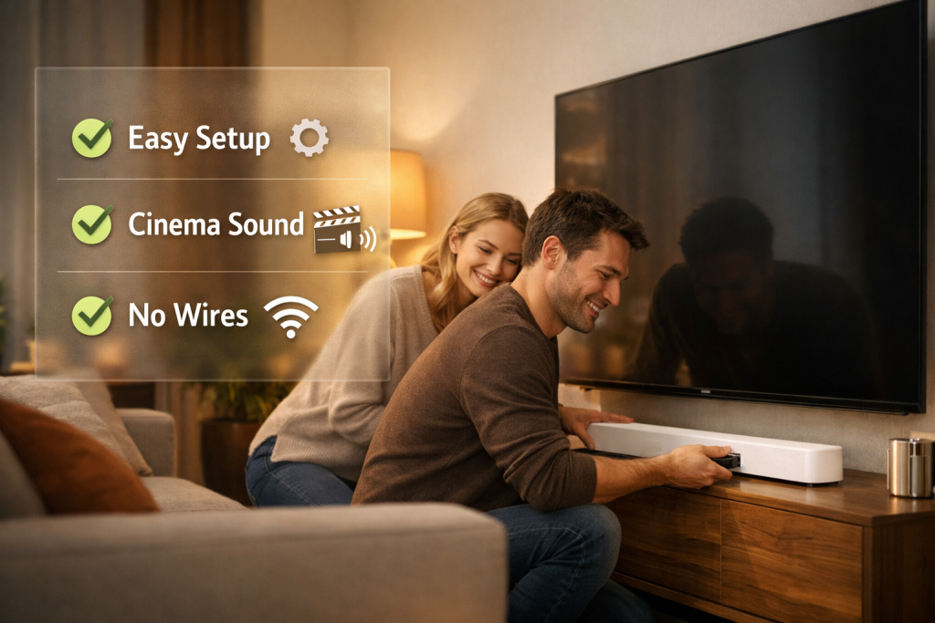Premium Dolby Atmos soundbar setup in a modern living room highlighting easy setup, cinema sound, and wireless convenience