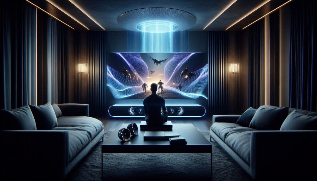 Dolby Atmos soundbar creating immersive spatial audio around a viewer in a modern living room