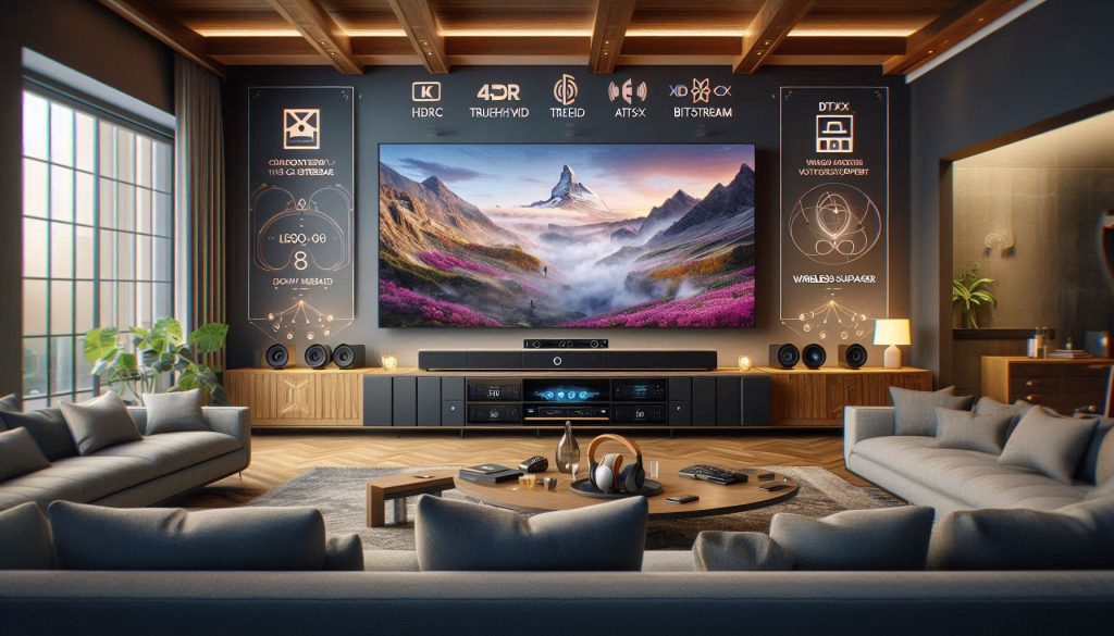 Luxury living room with eARC soundbar, 4K OLED TV, multiple HDMI devices, wireless subwoofer and rear speakers, and visual callouts for HDR, Atmos, DTS:X, DSP, and low-latency gaming