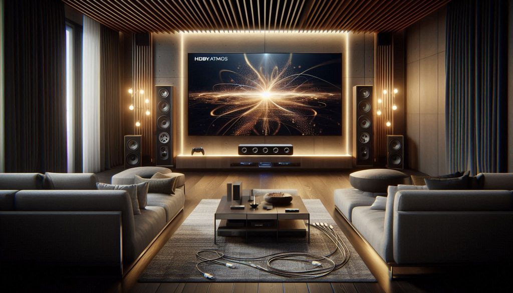 Luxury home theater with eARC soundbar, 4K TV, PlayStation 5, Dolby Atmos sound visualization, and HDMI 2.1 cables