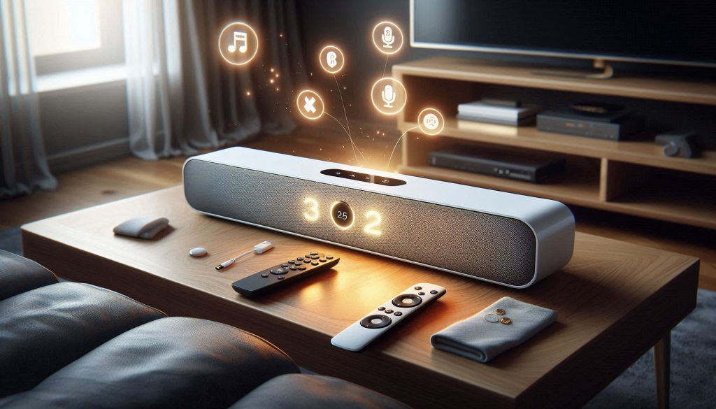 White soundbar with large buttons and a simple remote on a table, HDMI connection to TV, LED indicators, and Bluetooth/volume icons in a cozy living room
