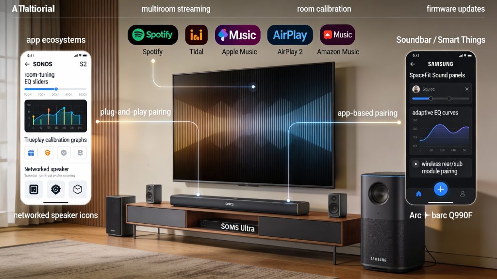 Sonos Arc Ultra and Samsung Q990F under an OLED TV with overlays showing Sonos S2 and Samsung SmartThings apps, multiroom streaming icons, room calibration graphs, and firmware update indicators