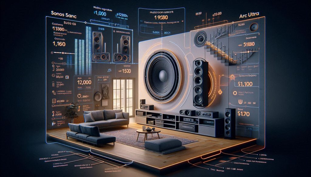 Sonos Arc Ultra and Samsung Q990F under an OLED TV with overlays showing Sonos S2 and Samsung SmartThings apps, multiroom streaming icons, room calibration graphs, and firmware update indicators