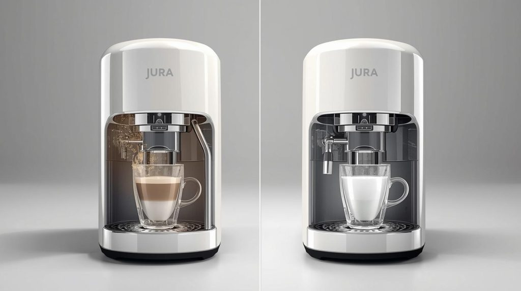 White Jura coffee machine cutaway showing internal scale removal and restored water flow.