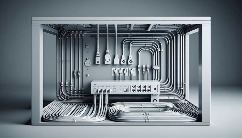 Efficient under-desk power strip placement and cable routing with separated power and data lines.
