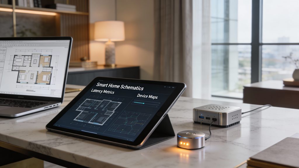 Luxury smart home planning workspace with digital dashboards and connected home layouts.