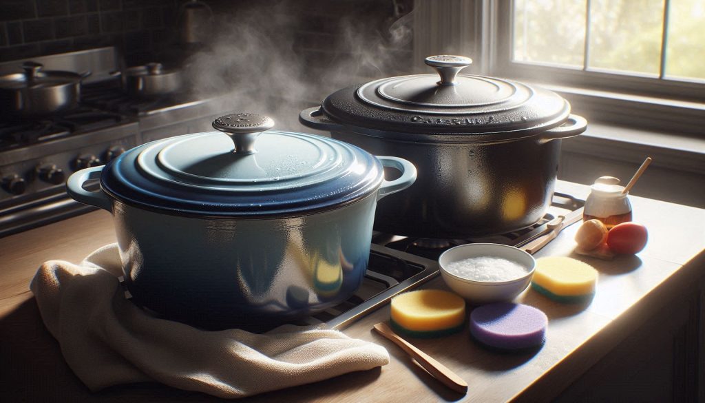 glossy and matte enamel pots being cleaned with sponges and baking soda paste