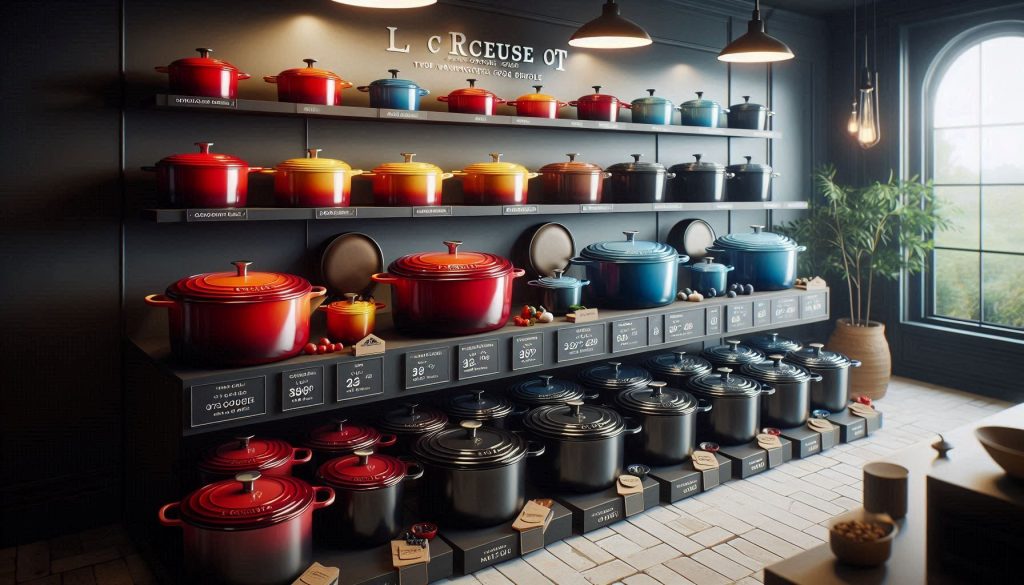 A showroom display of glossy and matte enameled cookware, showing premium and mid-range brands with visible price tags, warranty info, and different sizes, emphasizing texture and finish differences.