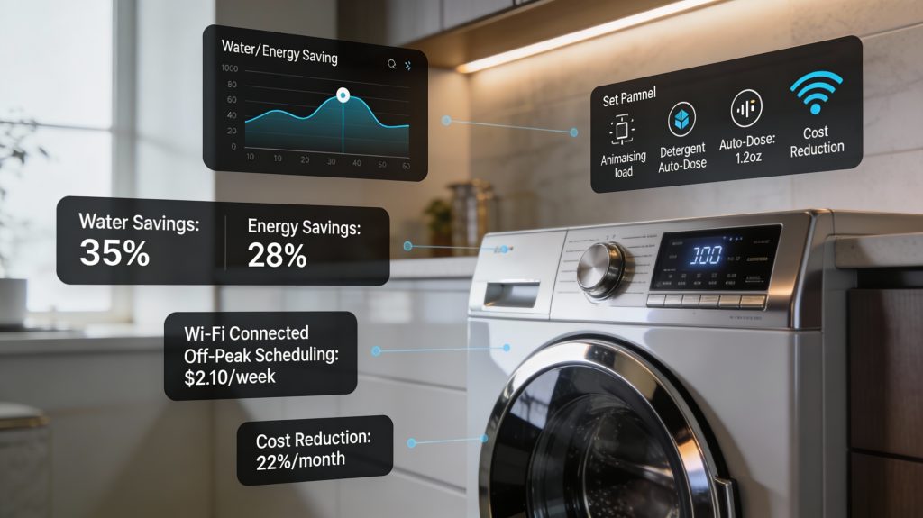 luxury laundry room with energy-saving smart washer, showing digital overlays of water, energy, and cost savings, plus smart features like load-sensing and automatic detergent dosing