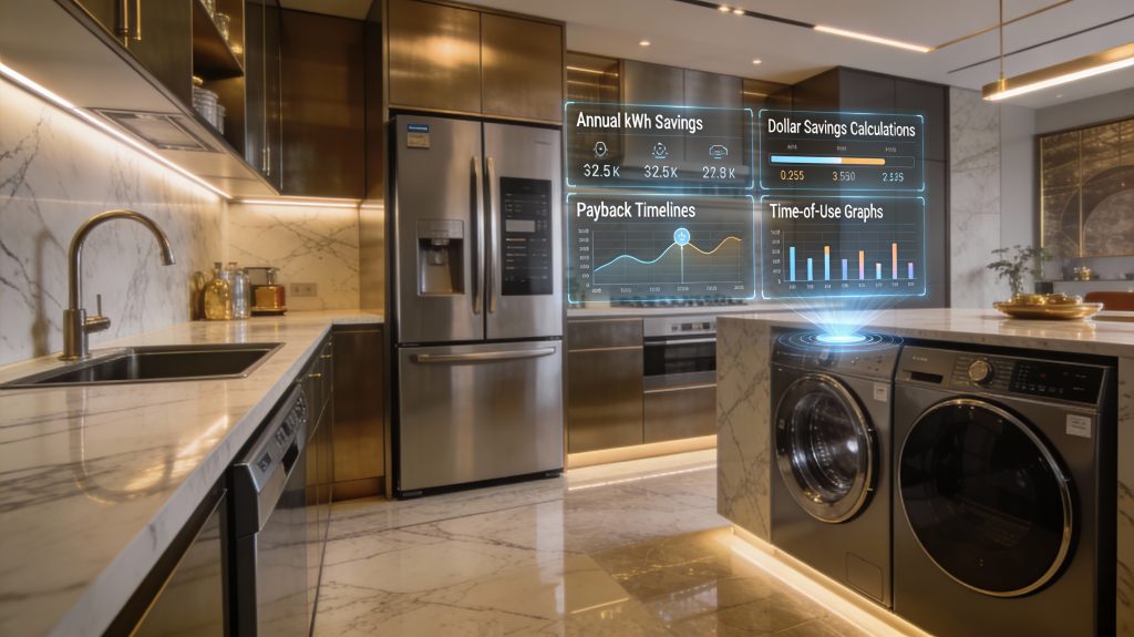 luxury smart appliances in a designer kitchen with holographic dashboards showing energy savings, payback calculations, and financial efficiency