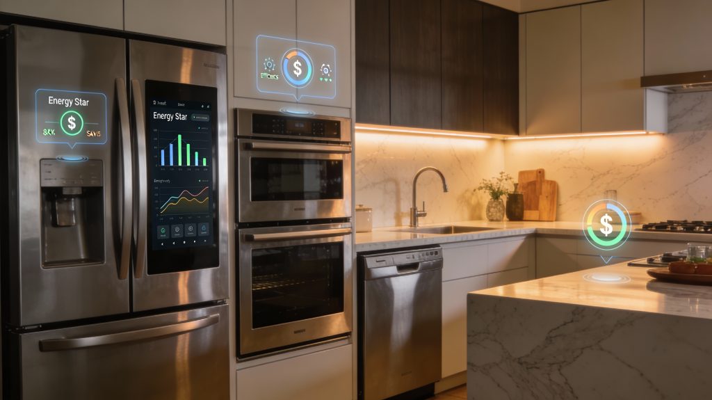 luxury kitchen with energy star smart appliances displaying energy savings and efficiency in a hyper-realistic setting