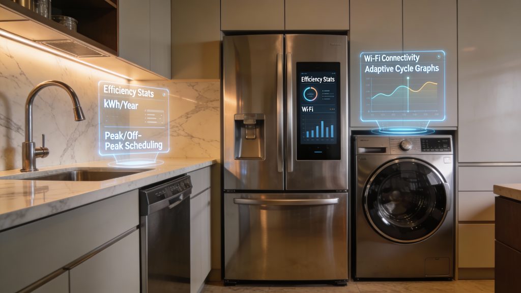 luxury smart appliances in a high-end home with energy star labels and holographic displays showing energy efficiency and smart features