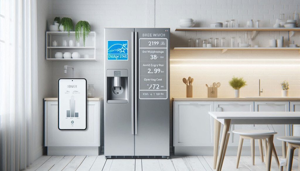 Energy efficiency labels and smart appliance energy metrics displayed in a modern kitchen setting.