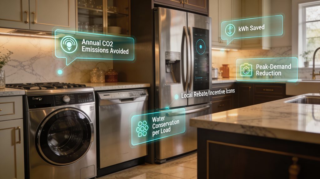 luxury smart appliances in a high-end home showing CO2 reduction, water savings, peak demand shifts, and incentive metrics through holographic displays