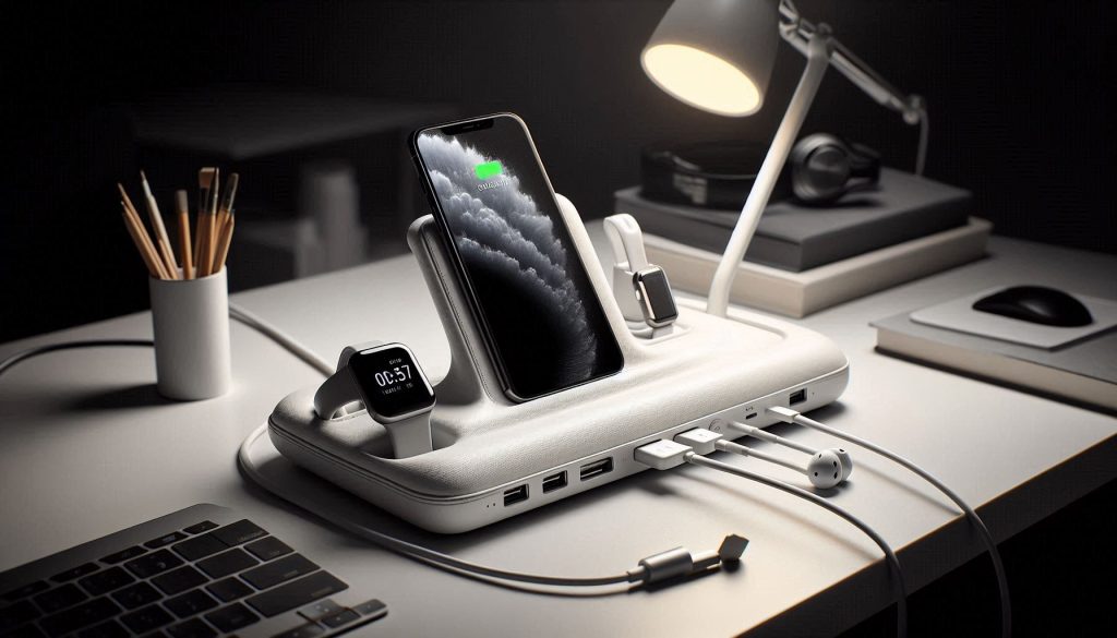 White leather charging station with angled phone stand, accessible side ports, and organized cable management for daily ergonomic use.