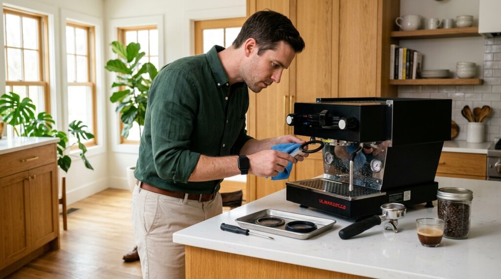Man inspecting a leaking espresso machine group head and worn gasket.