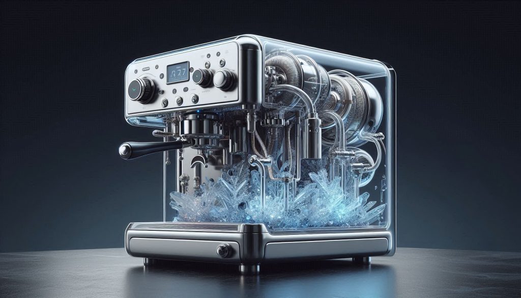 Luxury espresso machine with transparent internal components illustrating scale formation in a refined, modern setting.
