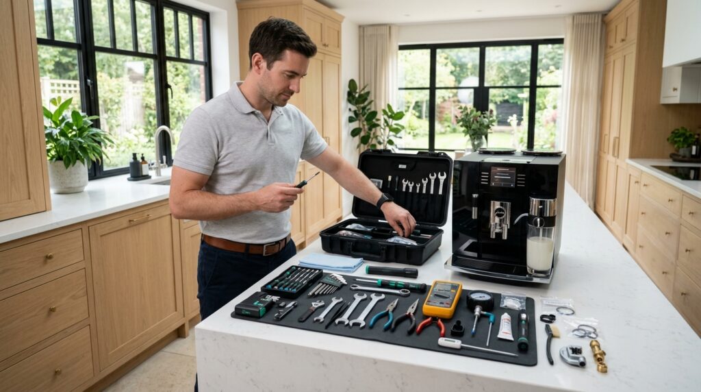 Man organizing a professional coffee-machine repair toolkit beside a premium espresso machine.