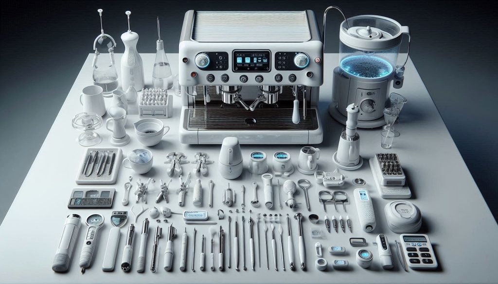 Hyper-realistic professional coffee-machine repair toolkit entirely in white, including hand tools, diagnostic gear, consumables, cleaning and water-treatment tools, and safety equipment on a glossy white workbench.