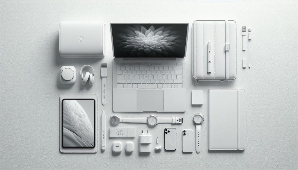 White executive travel devices arranged to illustrate power requirements and charging needs.