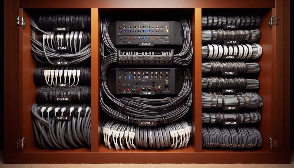 Neatly bundled and labeled home theater cables with separated power and signal paths