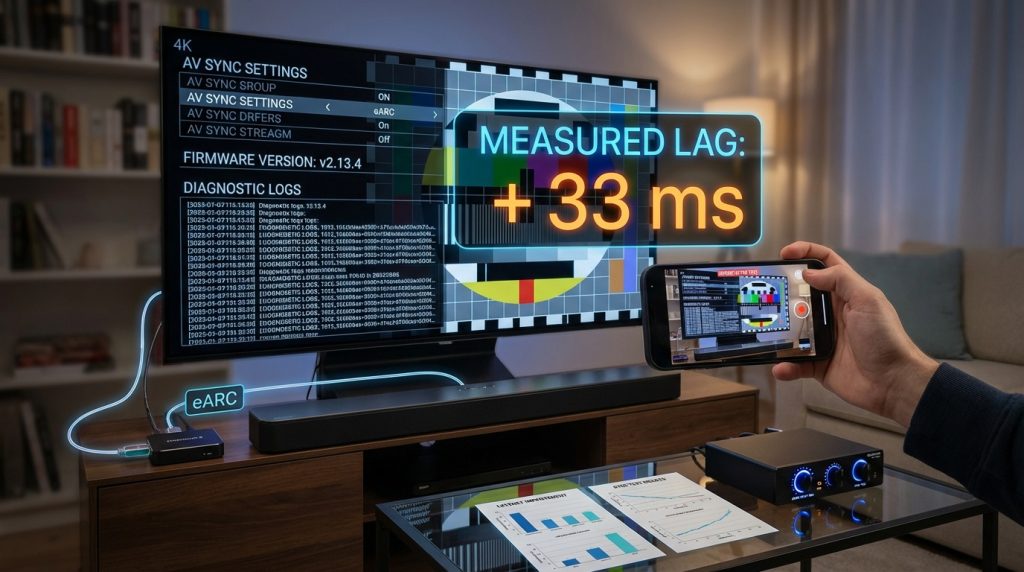 Home theater with TV and soundbar undergoing advanced audio troubleshooting; a smartphone records latency tests while firmware and diagnostics menus are visible.