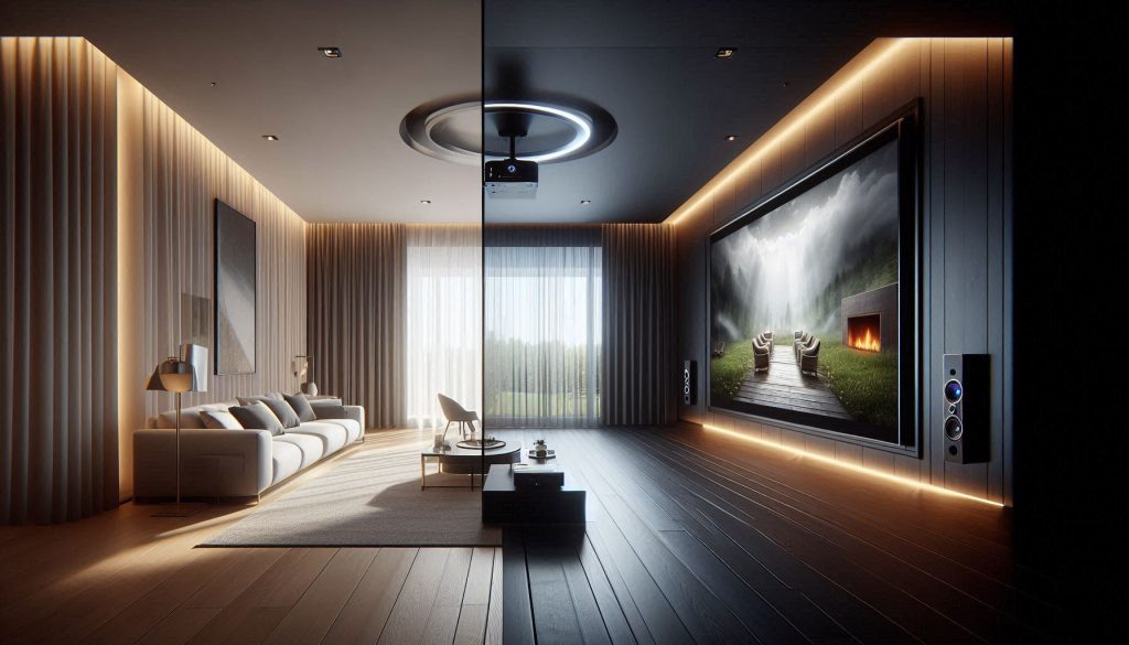 Luxury home theater comparison showing a bright-room Mini-LED TV and a dark-room projector setup with premium hi-fi speakers in white, black, and wood finishes.