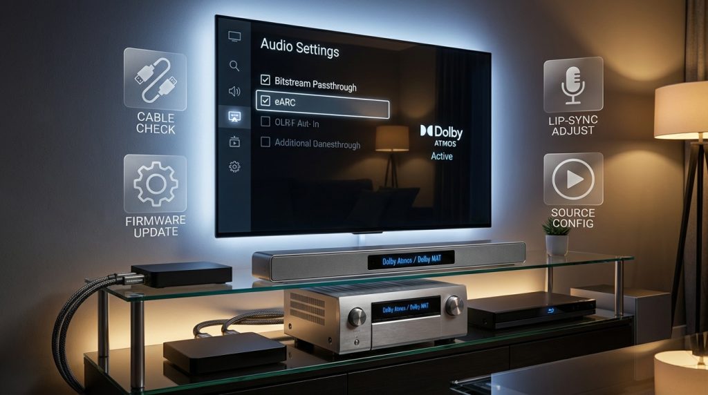 realistic home theater setup demonstrating dolby atmos flexconnect setup and troubleshooting with eARC and passthrough