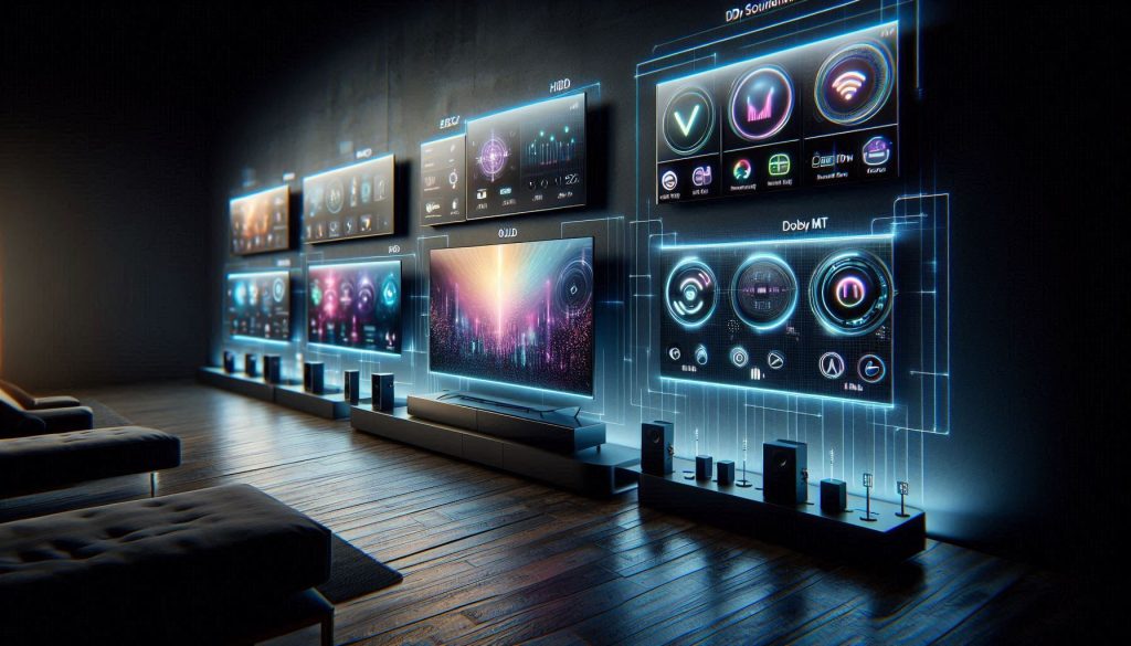 realistic comparison of premium and mid-range tvs showing dolby atmos flexconnect compatibility cues