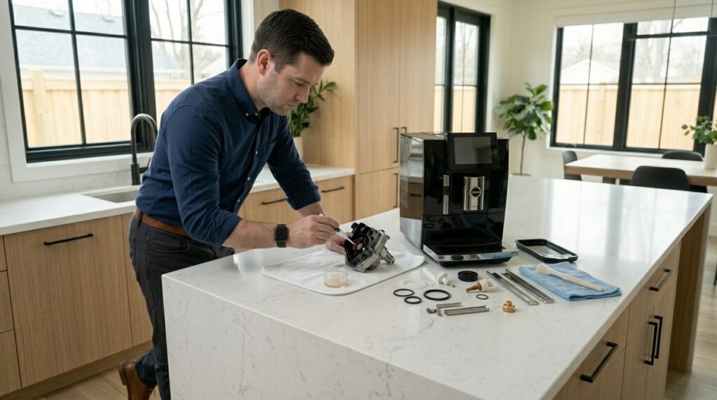 Man inspecting food-grade grease and a removed brew group during coffee machine maintenance.