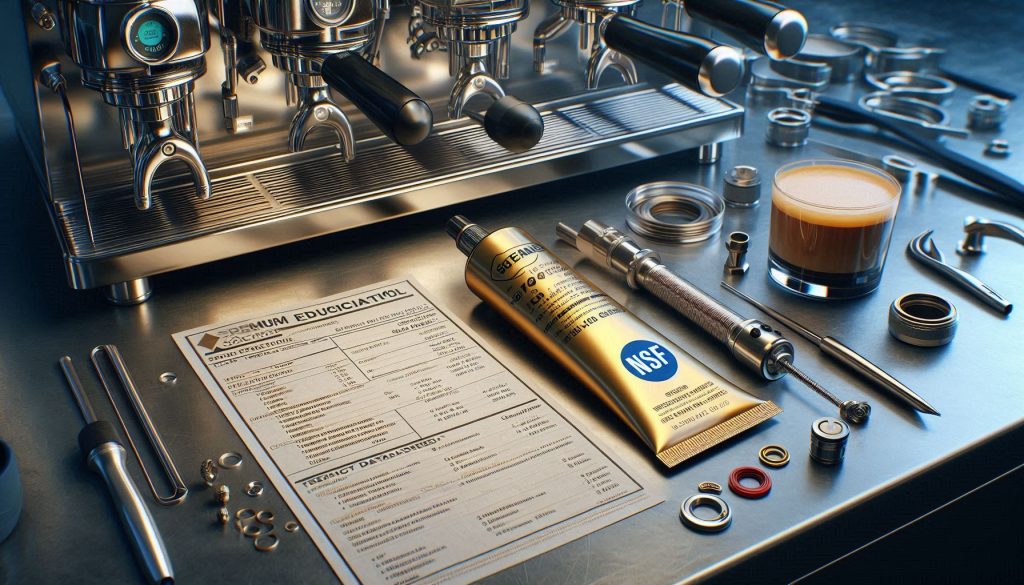 Hyper-realistic image showing NSF H1 food-grade grease with certification documents and espresso machine parts, explaining food-grade standards for coffee machines.