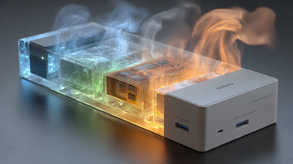 White GaN charger demonstrating faster charging speed, higher efficiency, and cooler thermal performance compared to silicon chargers.