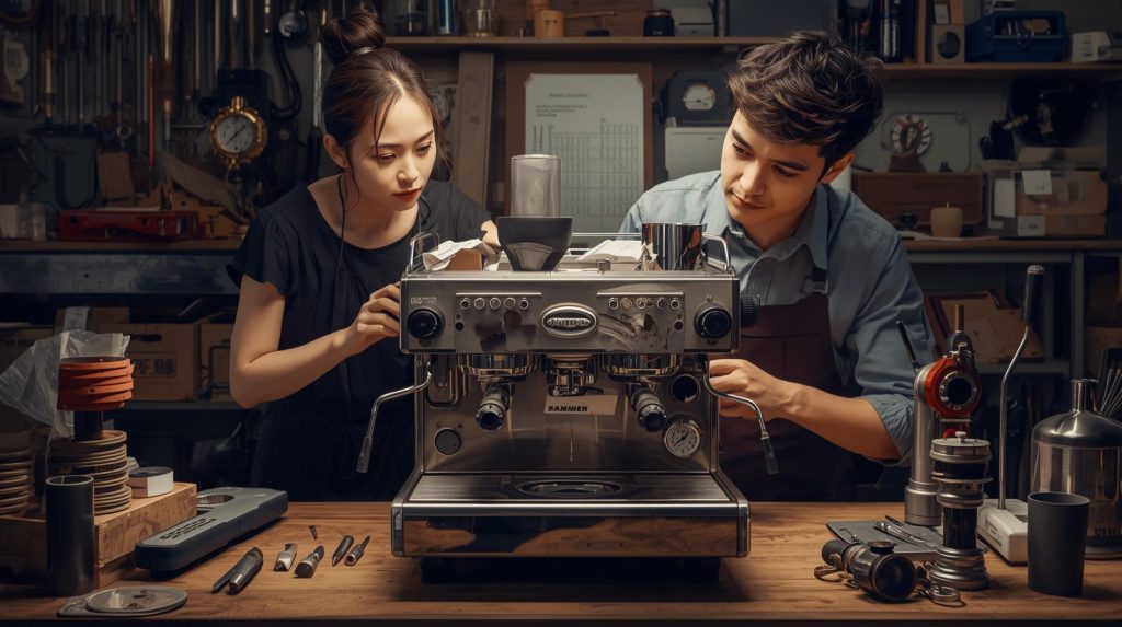 Barista inspecting a damaged espresso machine group with tools and replacement parts, analyzing repair options.