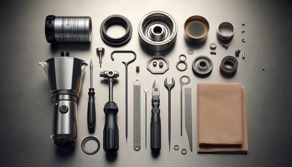 Tools and replacement parts required for a $10 espresso machine group head gasket fix.