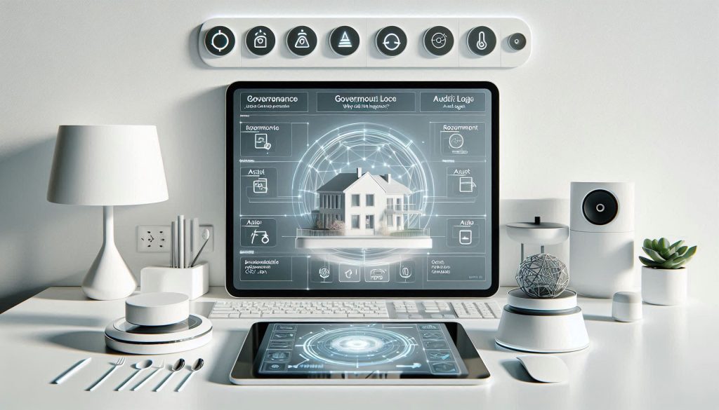Smart home governance interface showing adjustable autonomy levels, audit logs, and privacy consent controls
