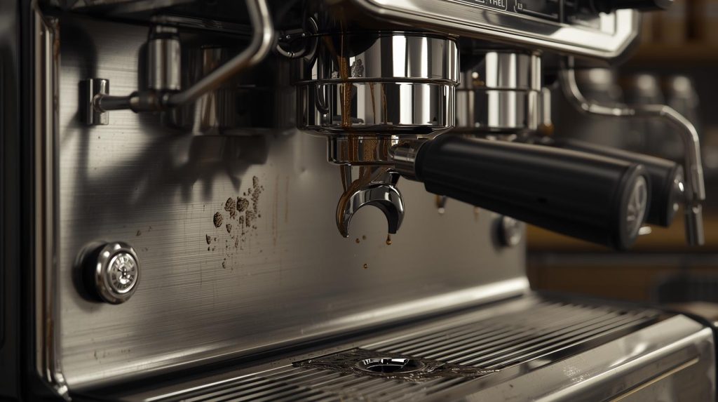 Luxury espresso machine showing water stains and spray marks from a leaking group head gasket.